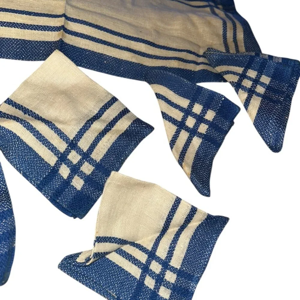 Vintage linens collection white blue stripe table piece cocktail 6 napkins